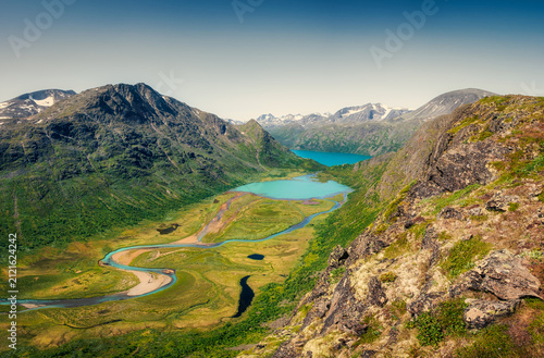 Landscape panoramic view of mountain ridge and colorful valley, Jotunheimen, Norway