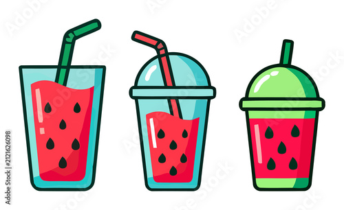 Three colorful watermelon juice drinks in plastic cups with straws isolated on transparent background