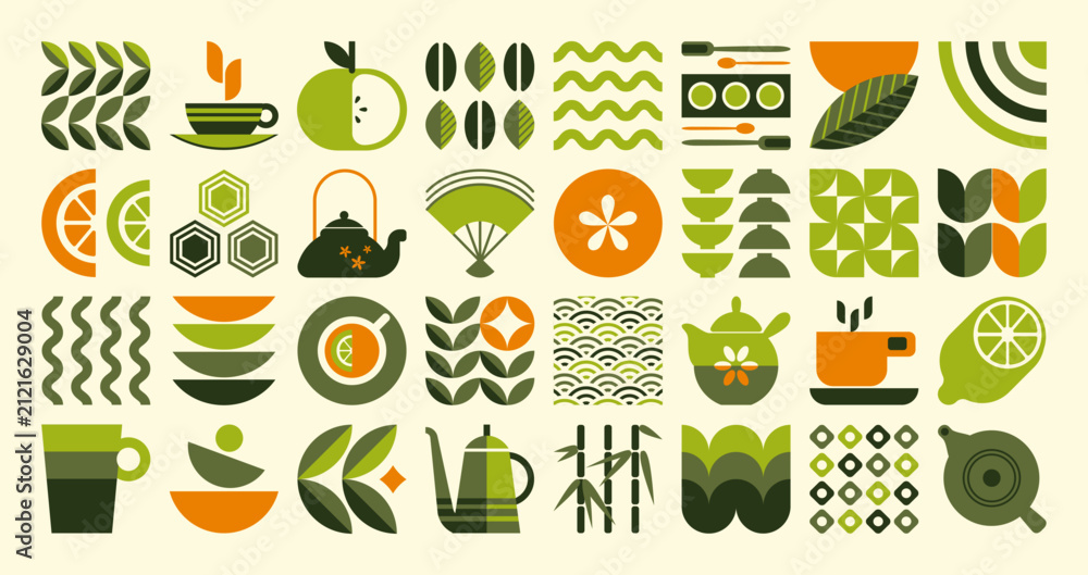 Fototapeta premium Tea pattern. Nature plant leaf, organic food brand element or abstract geometry mosaic flower composition. Fresh grain. Green eco drink. Logotype and emblems design. Vector background