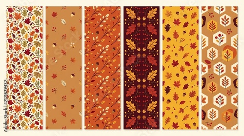 Set of six seamless patterns with autumn leaves and floral motifs in warm seasonal colors for design