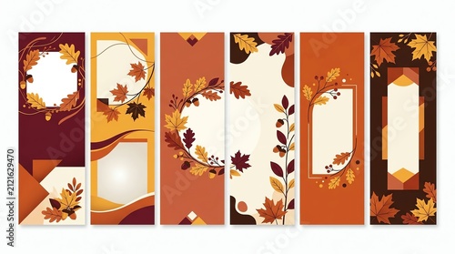 Set of vertical autumn banners with decorative fall leaves and empty frames for seasonal text and design