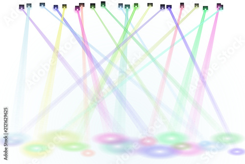 Foto Spotlights cast intersecting rays of colored light that converge upon a flat white base to form an intricate network of luminous shapes perfect for use as a background or artistic graphic design