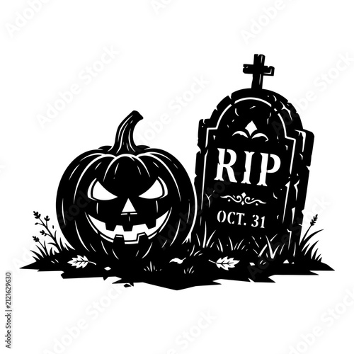 Black silhouette of a carved Halloween pumpkin with a scary face positioned next to a tombstone marked 'RIP OCT. 31' on a patch of grass with scattered leaves.