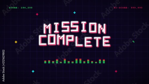Mission Complete Retro Arcade Victory in Neon Pixel Graphics.