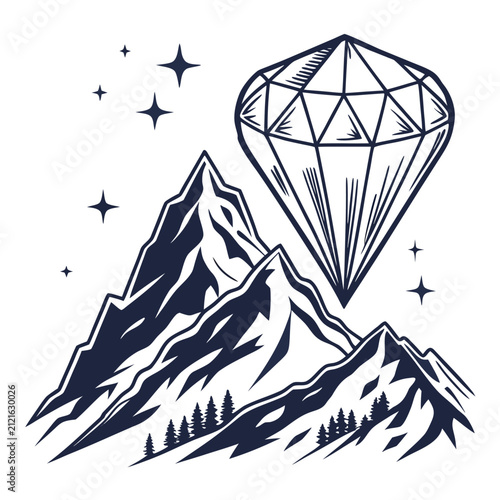 Vintage mountain range illustration with large diamond gemstone and twinkling starry night sky
