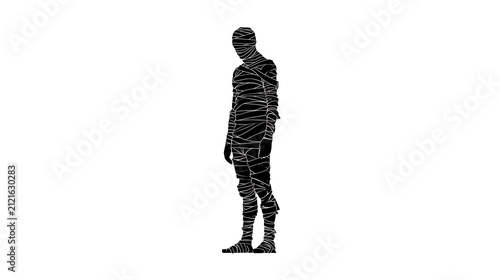A solitary figure, fully encased in bandages, stands ominously against a stark white background. The mummy-like wrappings obscure the individual's identity, creating an air of mystery and unease