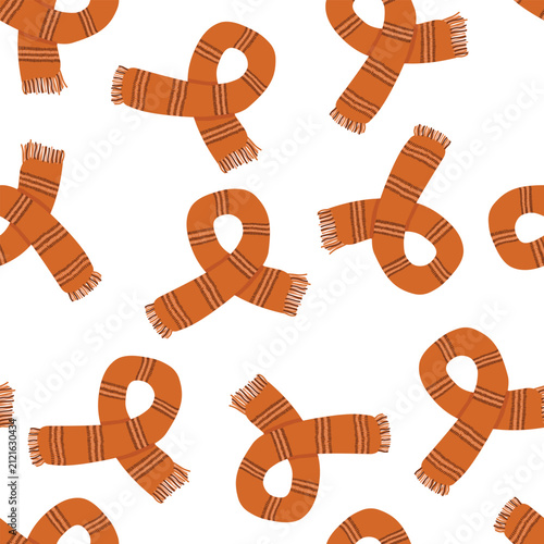 Hand Drawn Cozy Autumn Seamless Pattern with Orange Striped Knitted Scarves Isolated on White Background
