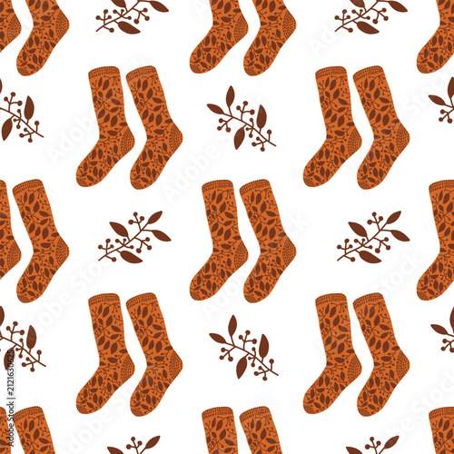 Hand Drawn Cozy Autumn Seamless Pattern with Warm Knitted Socks and Leafy Berry Twigs on White Background
