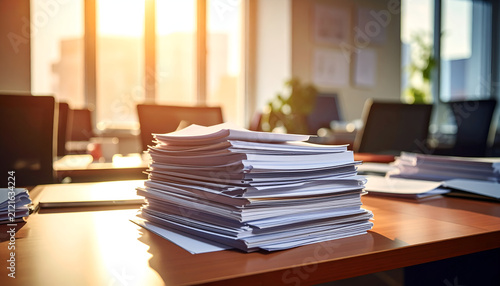 Stack of Papers on Office Desk with Sunlight.