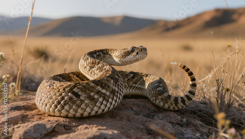 Adult Prairie Rattlesnake Resting in Native Grassland Habitat