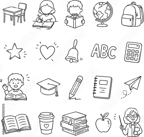 Education Outline Icon Set with School Supplies, Students, and Learning Symbols