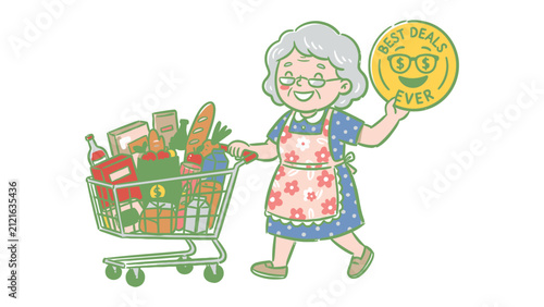 Принти на полотні Happy Grandmother Shopping: A cheerful grandmother with glasses pushes a full grocery cart, holding up a coin promising Best Deals Ever, embodying savings and joy in everyday errands