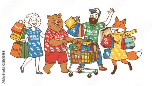 Obraz na plátně Shopping Frenzy Fiesta: A whimsical illustration depicts a bear, fox, and two humans reveling in a shopping spree, their arms laden with colorful bags and a cart overflowing with discounted goods