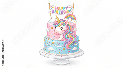Magical unicorn birthday cake with rainbow, clouds, and happy birthday topper