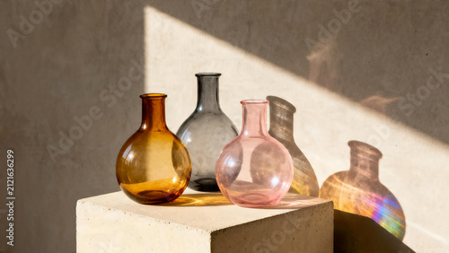 Three minimal glass vases casting colorful overlapping shadows