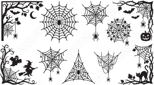 Set of black and white halloween design elements featuring spider webs bats a witch a pumpkin and a cat for festive decorations