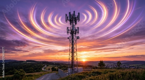 Telecommunications tower emitting wireless signal waves at sunset over rural landscape symbolizing 5G connectivity mobile network coverage internet access digital communication