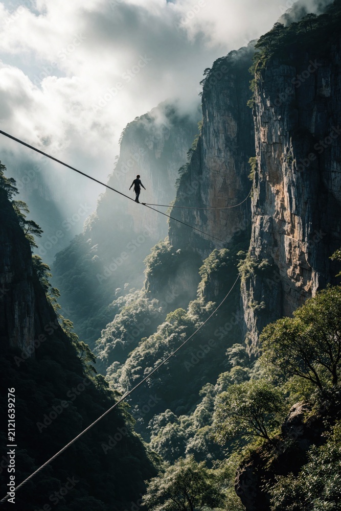Fototapeta premium Man walks tightrope across misty canyon. High wire athlete balances high above forest peaks. Extreme danger and courage evident in solo performance.