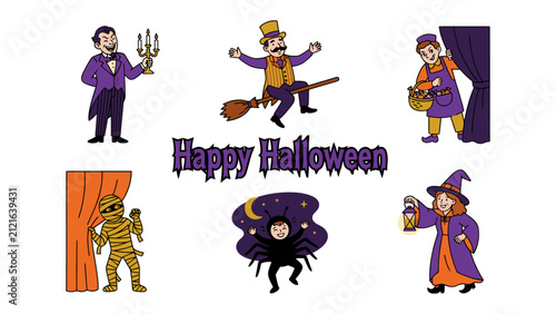 Cuadro en lienzo Halloween Celebration: A whimsical collection of classic Halloween characters, including a vampire, a witch, a mummy, and a spider child, gather to celebrate the spooky holiday with festive flair