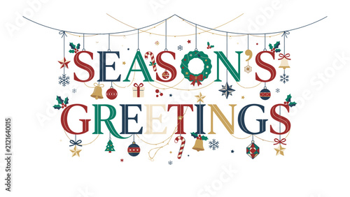 Принти на полотні Festive Season's Greetings Banner: A vibrant and decorative banner proclaiming Season's Greetings adorned with classic Christmas ornaments and whimsical snowflakes
