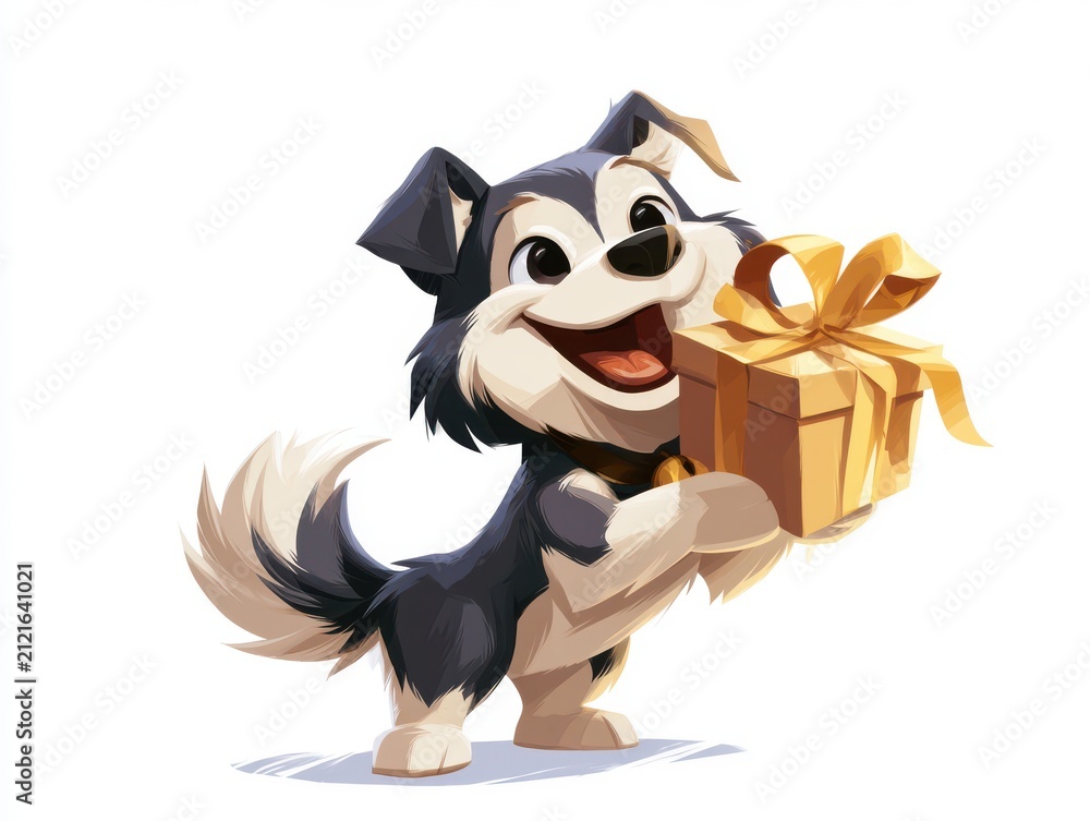 Naklejka premium Cartoon husky dog holding a wrapped gift box with bow