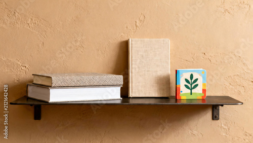  Three different sized books stacked on a minimalist floating shelf