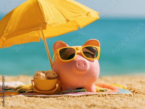 Cute plush pig wearing sunglasses under a beach umbrella