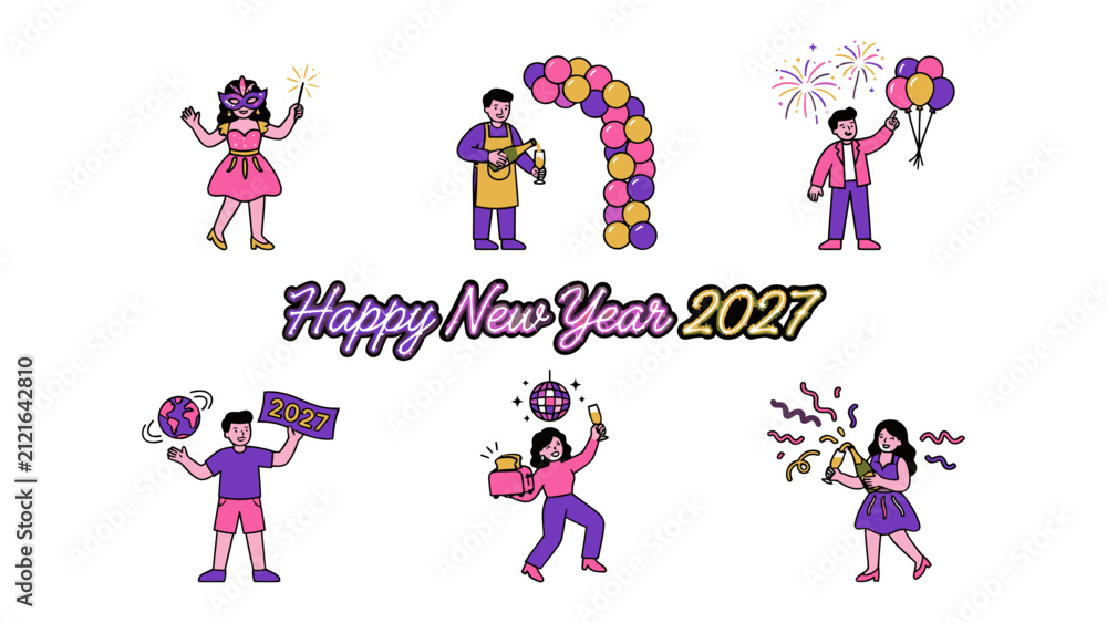 Fototapeta premium Happy New Year 2027 Celebration Illustrations: A collection of whimsical illustrations depicting various festive New Year's Eve activities, including fireworks, balloons, sparklers, and party poppers.