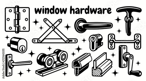 window hardware accessories featuring hinges handles locks latches rollers weather seals glazing beads opening mechanisms and installation components arranged as a premium commercial vector
