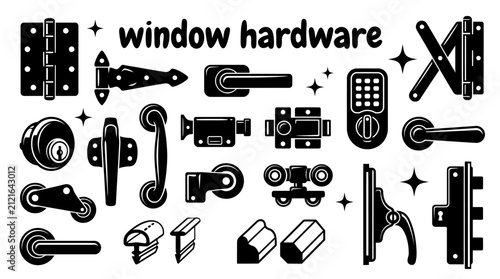 window hardware accessories featuring hinges handles locks latches rollers weather seals glazing beads opening mechanisms and installation components arranged as a premium commercial vector