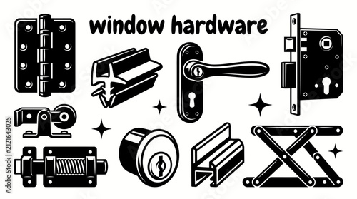 window hardware accessories featuring hinges handles locks latches rollers weather seals glazing beads opening mechanisms and installation components arranged as a premium commercial vector