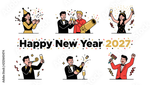 Photography Happy New Year 2027 Celebration: A vibrant collection of illustrated scenes depicting people celebrating New Year's Eve 2027 with confetti, champagne, noisemakers, and festive attire