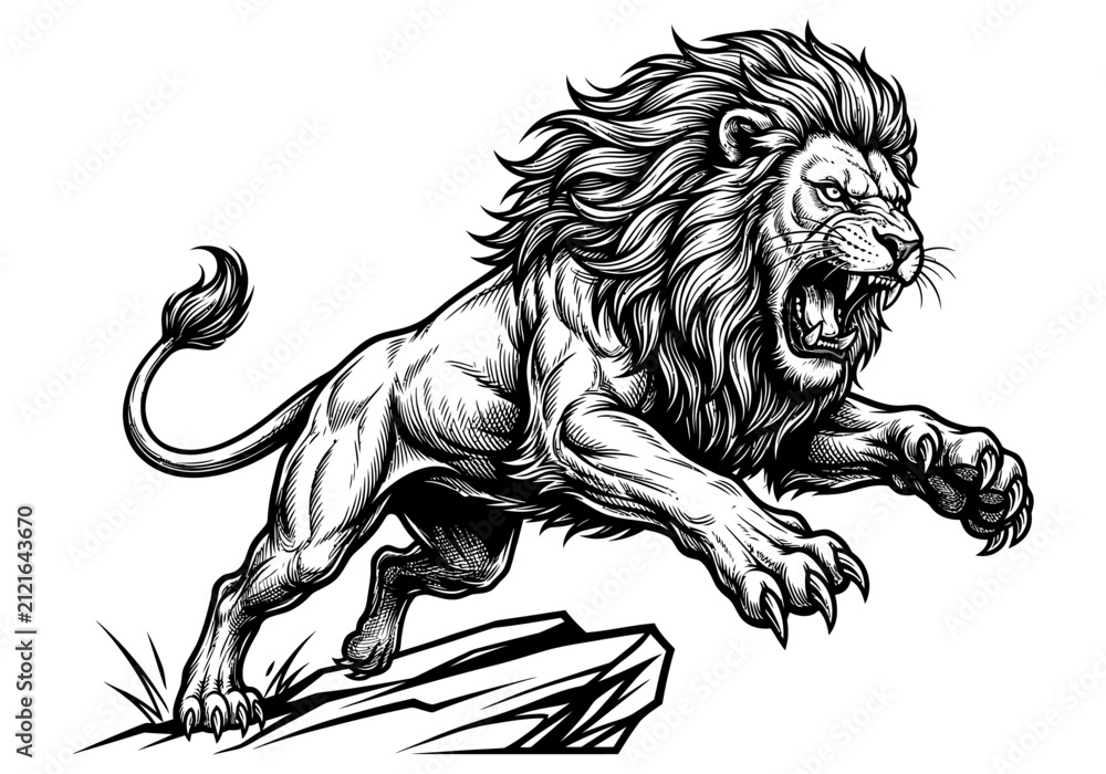 Obraz premium Fierce Roaring Lion Full Body Mascot Logo With Powerful Wild Animal Esports Branding and Premium Vector Illustration