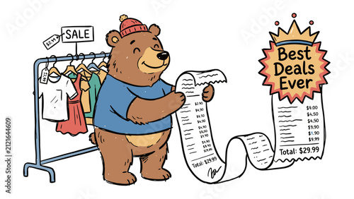 Obraz na płótnie Bear Shopping for Best Deals: A cartoon bear, wearing a blue t-shirt and a red beanie, joyfully reviews a long receipt while standing next to a clothing rack with a SALE sign