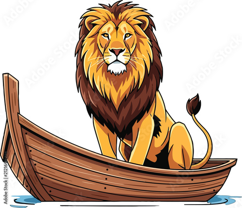 Majestic lion sitting inside a small wooden boat illustration vector art