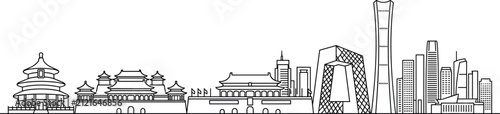 Beijing City Skyline Line Art Vector Illustration Featuring Historic Landmarks and Modern Skyscrapers