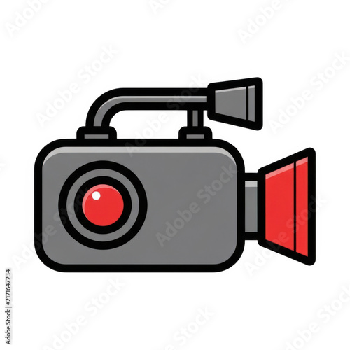 Red vintage video camera icon with lens