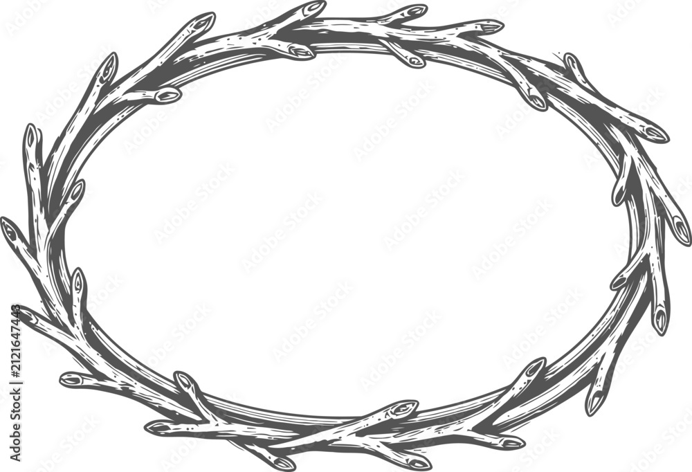 Obraz premium Oval frame made of intertwined bare branches with small buds, hand drawn botanical border