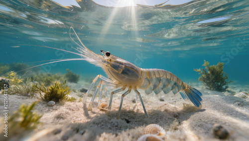 Adult Prawn Resting on Sandy Seabed in Natural Marine Habitat
