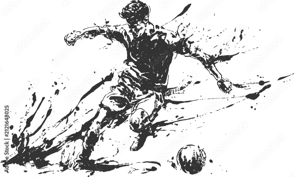 Obraz premium dynamic soccer player kicking ball with explosive ink splash effect, expressive sports action pose