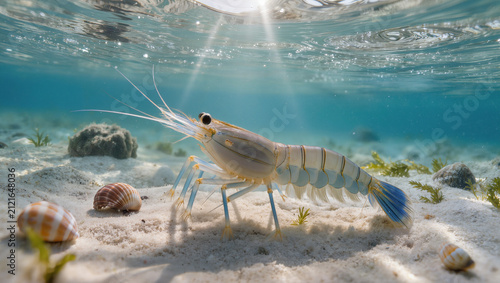 Adult Prawn Resting on Sandy Seabed in Natural Marine Habitat