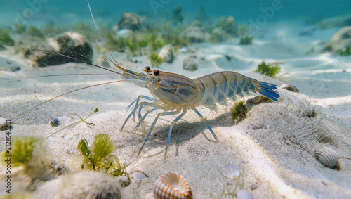 Adult Prawn Resting on Sandy Seabed in Natural Marine Habitat
