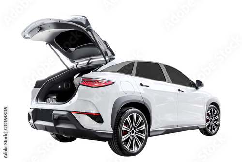 White Electric SUV with Open Rear Trunk Isolated on White Background.