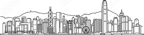 Hong Kong City Skyline Line Art Vector Illustration Featuring Modern Skyscrapers and Victoria Peak