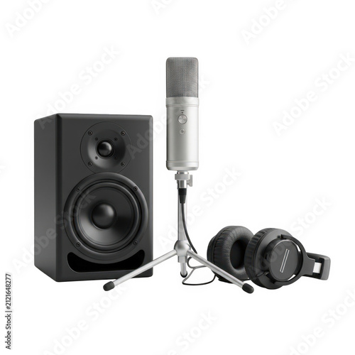 Studio microphone with large speaker on white surface