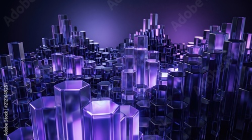 3D abstract background with glowing purple hexagonal crystal pillars and geometric shapes