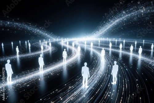 Digital human silhouettes stand on bright glowing lines forming futuristic pathways. People connect across a vast network in abstract global data stream. Future technology unity.