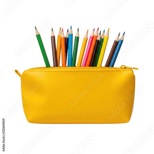 Yellow pencil cup with colorful pencils inside