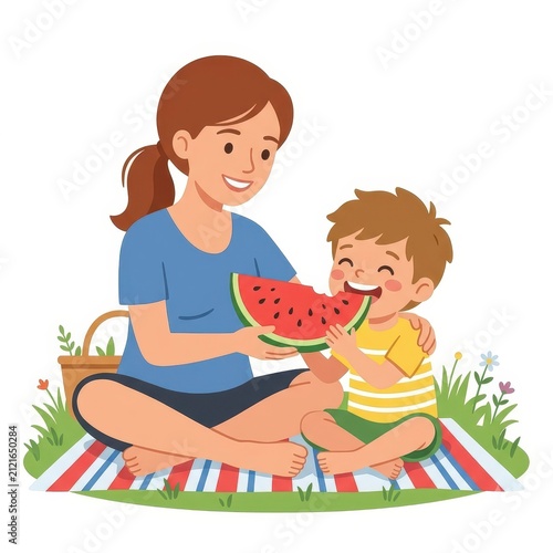 Mother and son enjoying watermelon at picnic