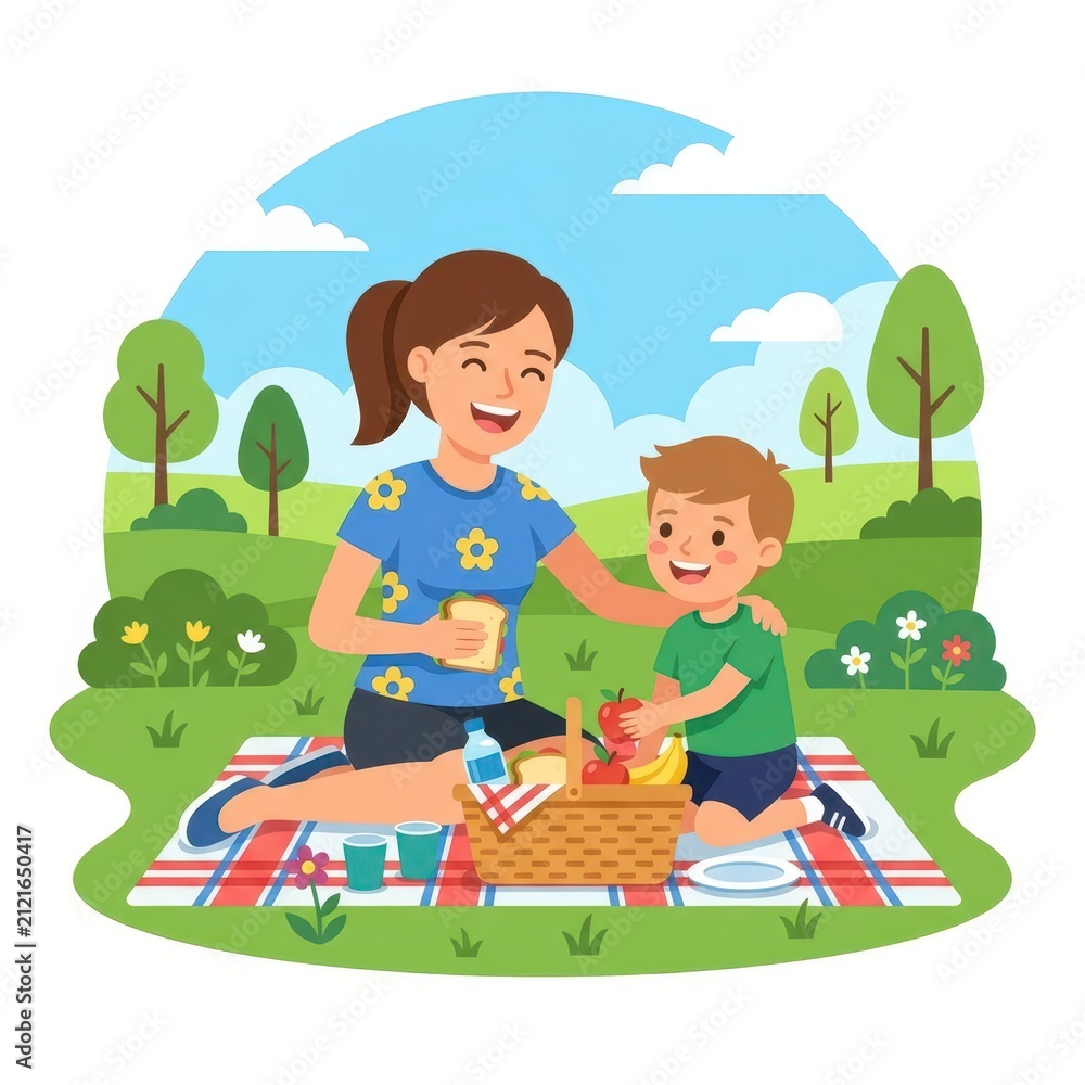 Naklejka premium Mother and son enjoying a picnic in a park